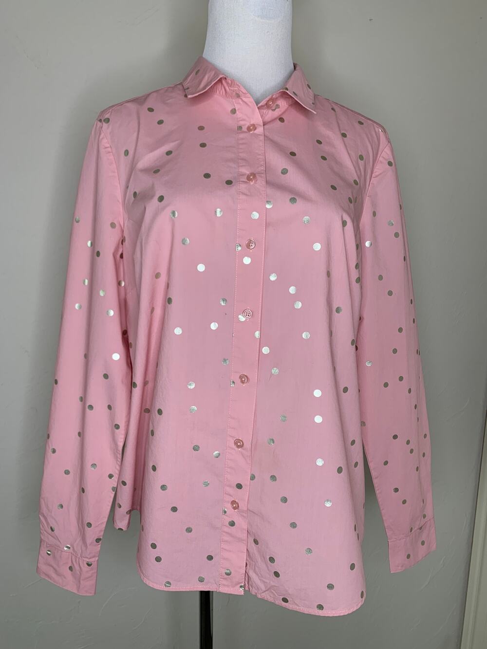 Boden Pink Polka Dot Metallic Button Up Shirt Sz US 12 UL 16 The Classic Shirt